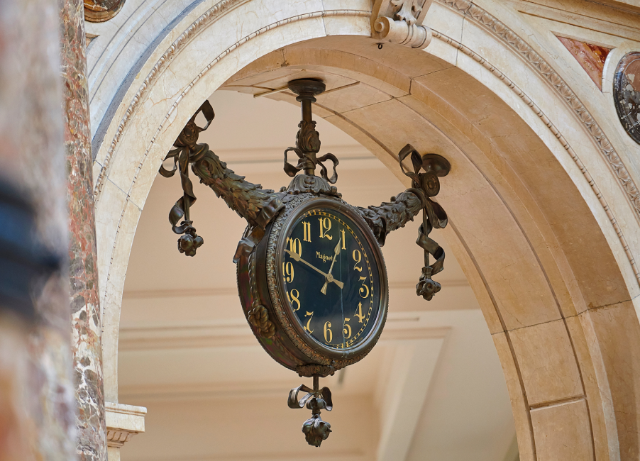 Detail of the interiors of Palazzo Beltrami, clock