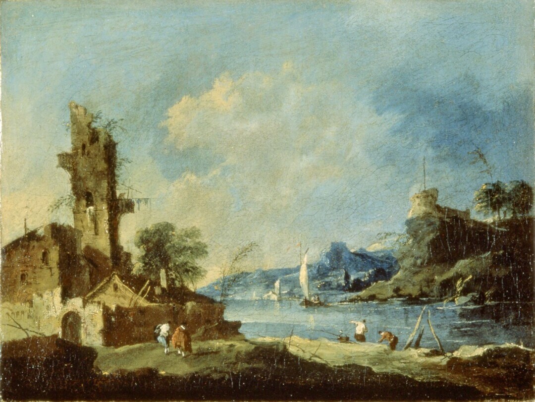 Landscape of the Val di Sole with Tower and Country Houses by the Lakeshore