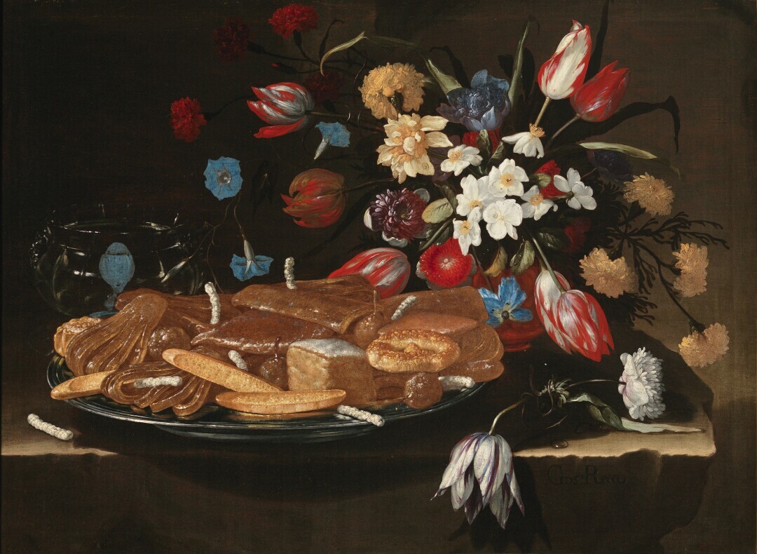 Natura morta con pane biscotti e fiori