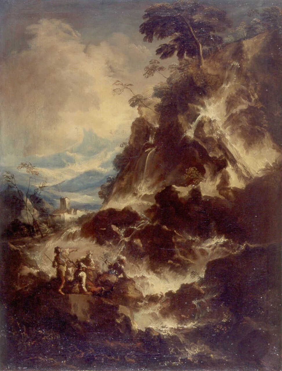 Landscape with waterfall and men at arms