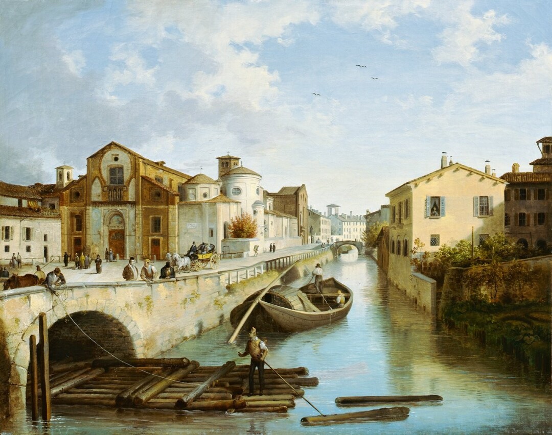 View of the Naviglio and of the Church of San Marco in Milan