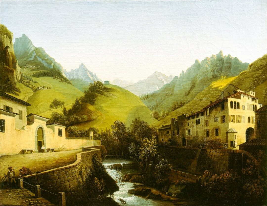 Paesaggio montano con torrente Ogna, palazzo Moroni e una fabbrica di ferro
