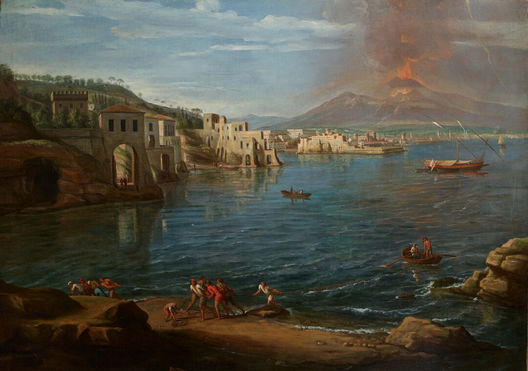 Veduta di Napoli da Posillipo con Vesuvio in eruzione