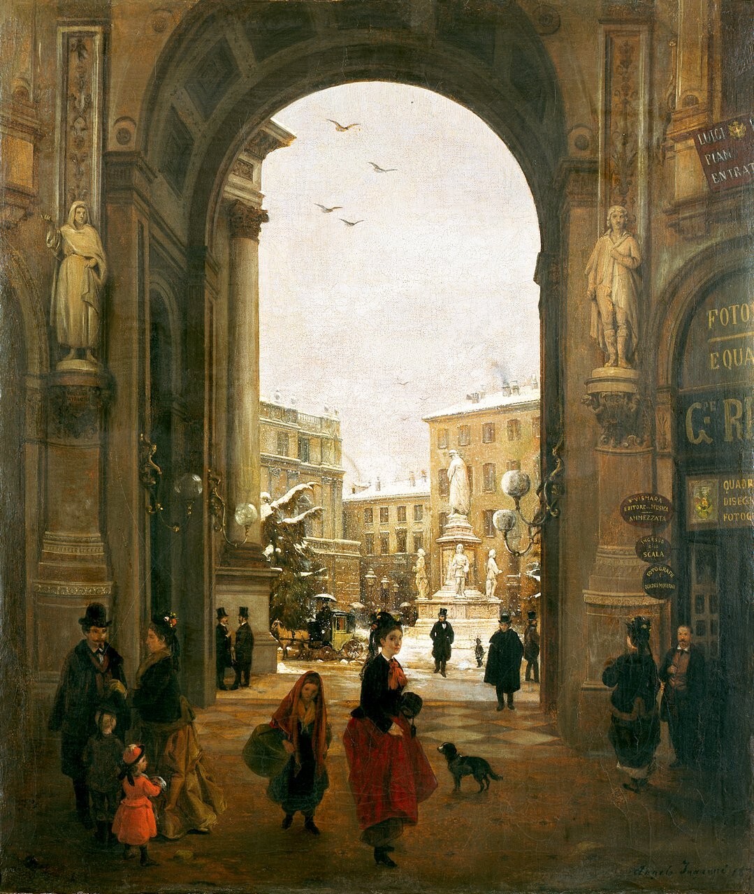Milan, Piazza della Scala under the snow, seen from the Gallery