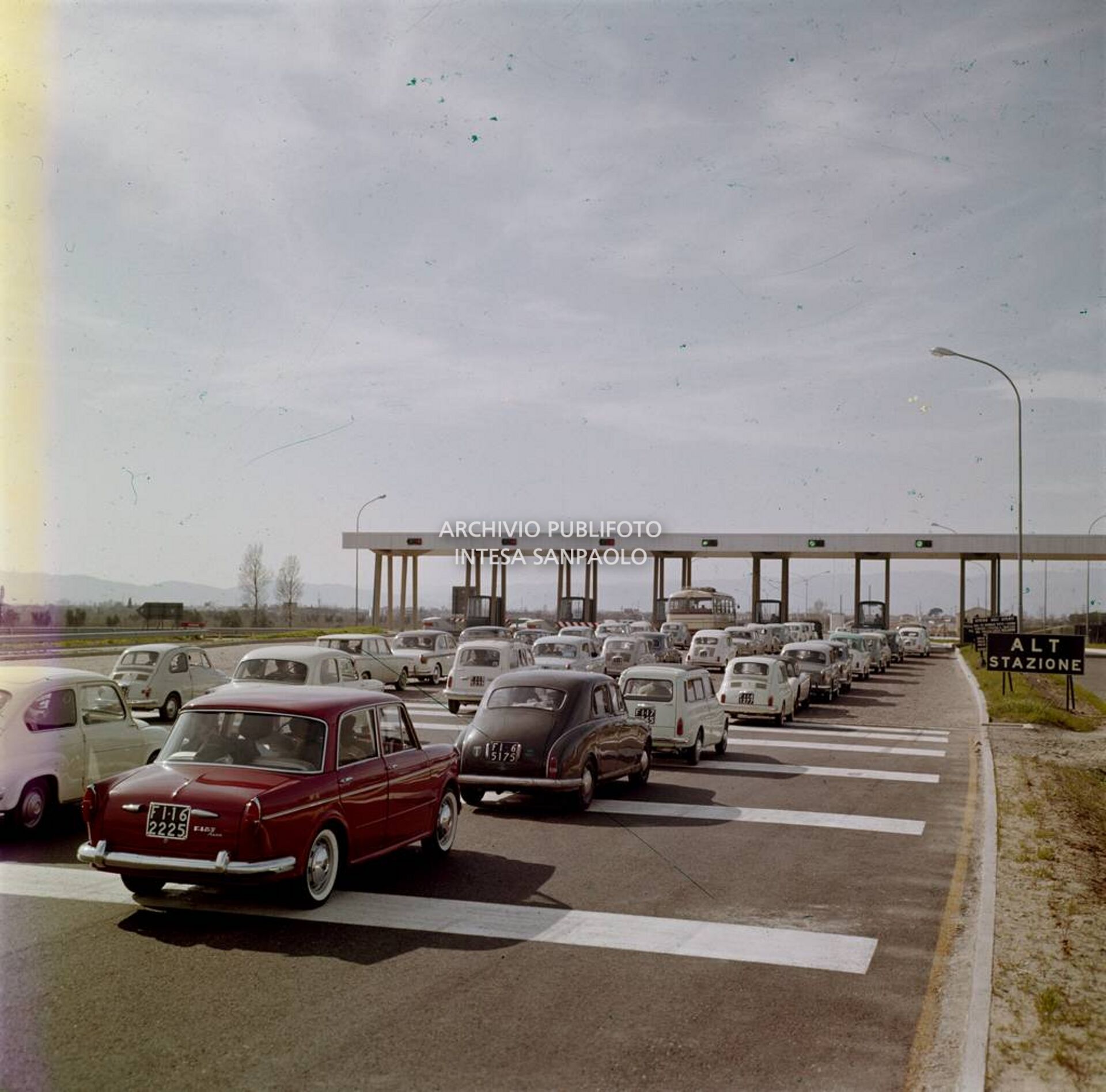 Queue of cars at the Florence tollbooth of the Florence-Pisa motorway