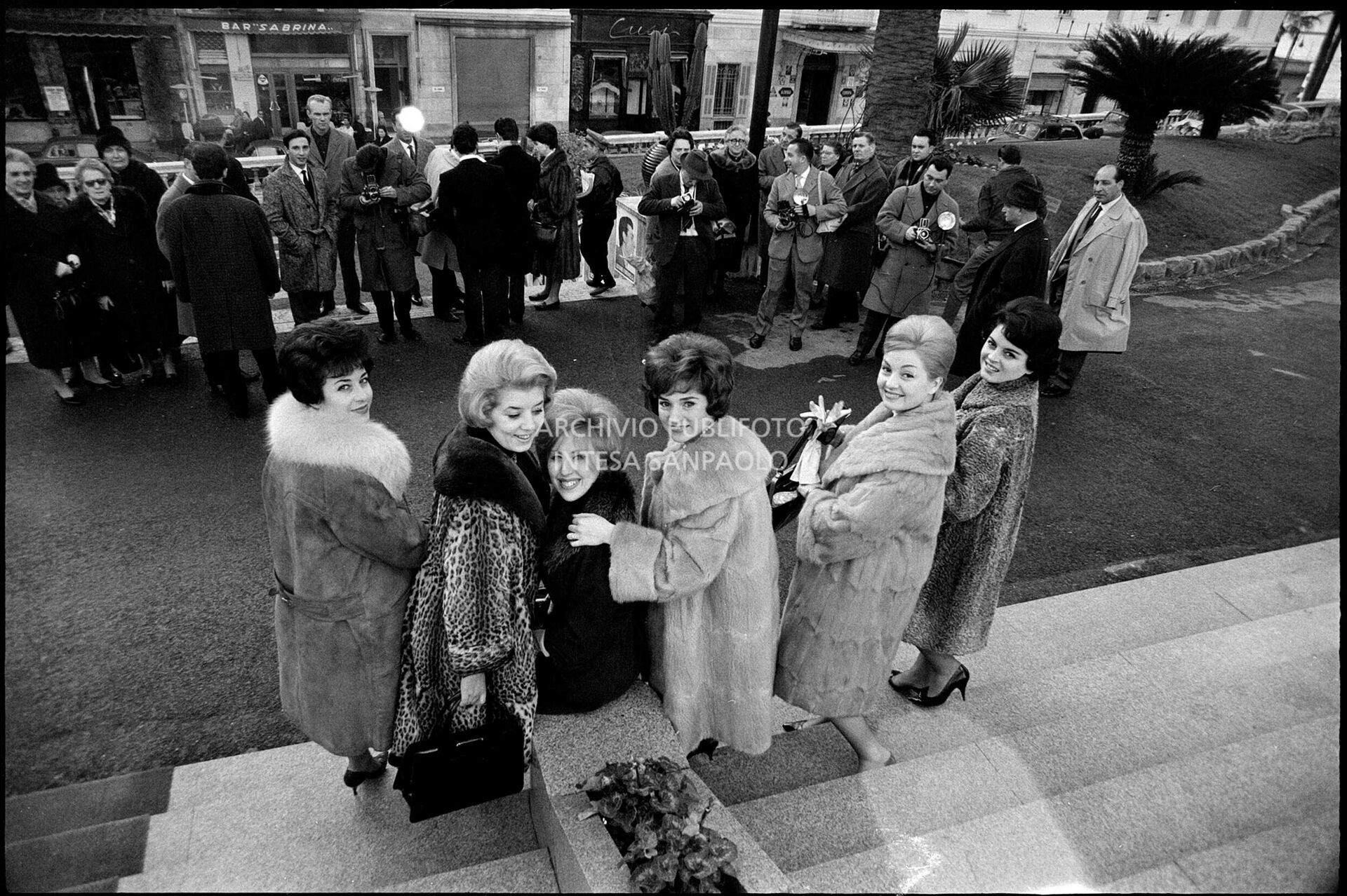 Group photo on the Casino steps during the 11th Sanremo Festival: from left Nadia Liani, Wilma De Angelis, Betty Curtis, Jolanda Rossin, Silvia Guidi and Cocky Mazzetti